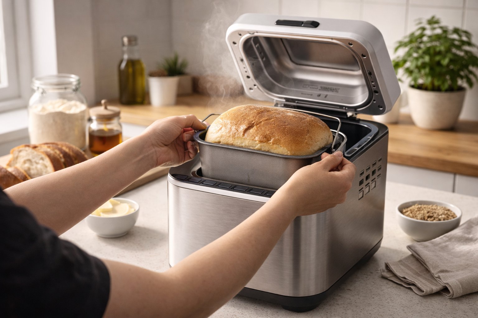 Frisch gebackenes Brot wird aus einem kompakten Brotbackautomaten genommen