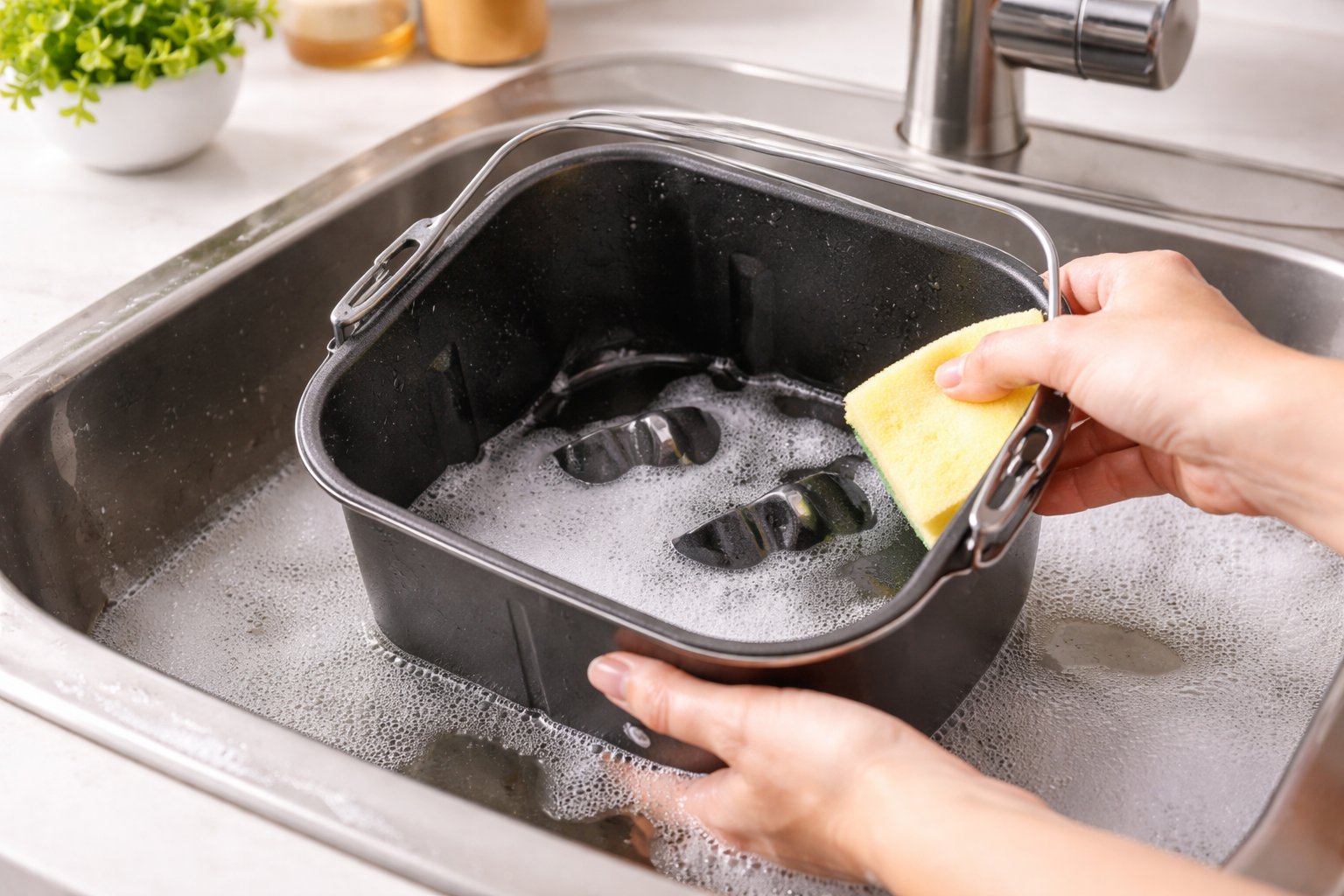 Backform und Knethaken eines Brotbackautomaten werden mit einem weichen Schwamm in warmem Wasser gereinigt