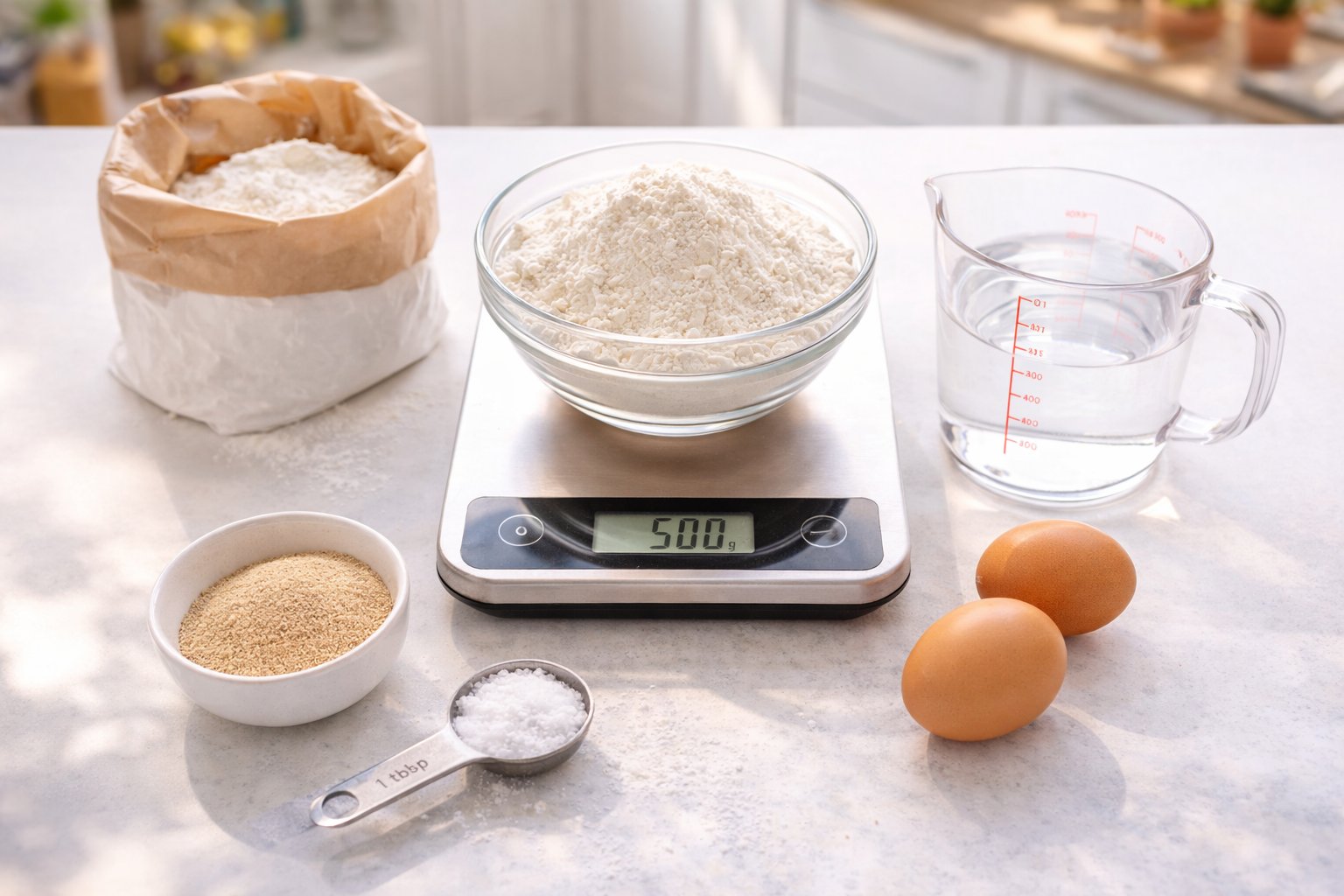 Backzutaten wie Mehl, Hefe und Wasser sorgfältig abgewogen auf einer digitalen Küchenwaage